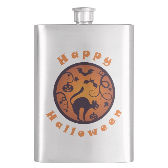 Happy Halloween lantern black cat spiders and bats Hip Flask (Front)