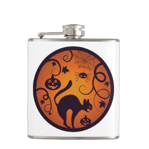 Happy Halloween lantern black cat spiders and bats Hip Flask