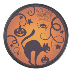 Happy Halloween lantern black cat spiders and bats Hockey Puck