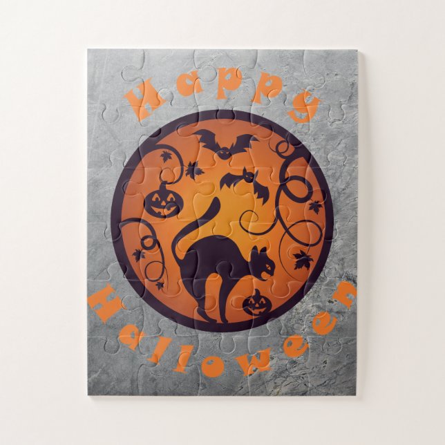 Happy Halloween lantern black cat spiders and bats Jigsaw Puzzle (Vertical)