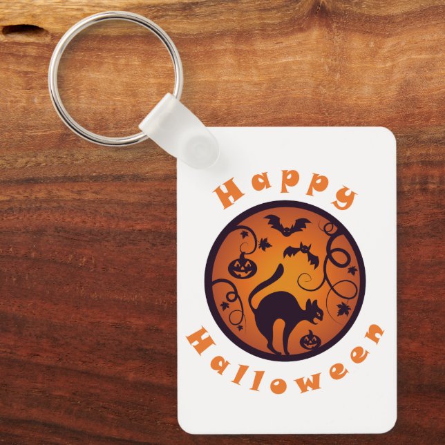 Happy Halloween lantern black cat spiders and bats Key Ring (Front)