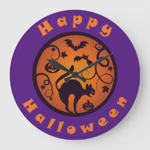 Happy Halloween lantern black cat spiders and bats Large Clock