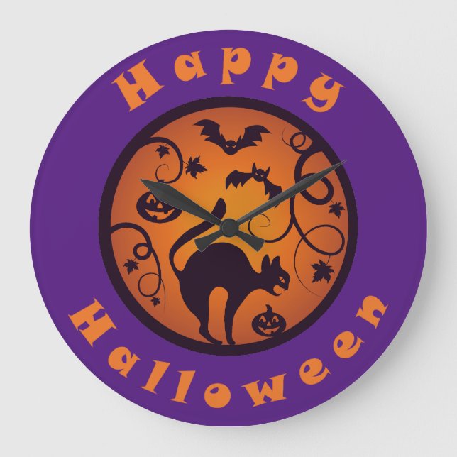 Happy Halloween lantern black cat spiders and bats Large Clock (Front)