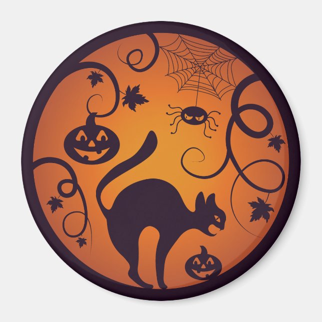 Happy Halloween lantern black cat spiders and bats Magnet (Front)