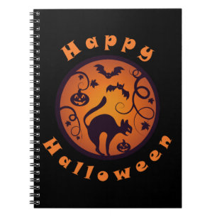 Happy Halloween lantern black cat spiders and bats Notebook