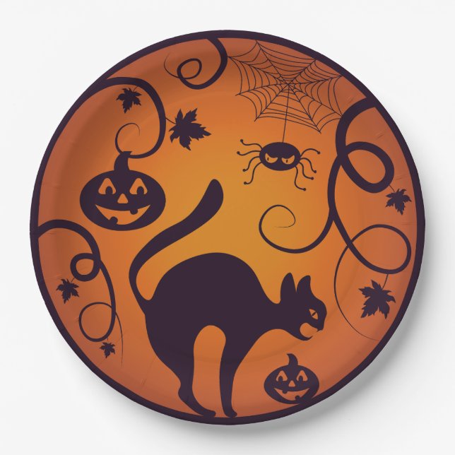 Happy Halloween lantern black cat spiders and bats Paper Plate (Front)