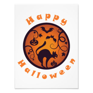 Happy Halloween lantern black cat spiders and bats Photo Print