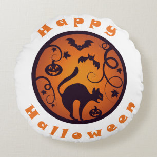 Happy Halloween lantern black cat spiders and bats Round Cushion