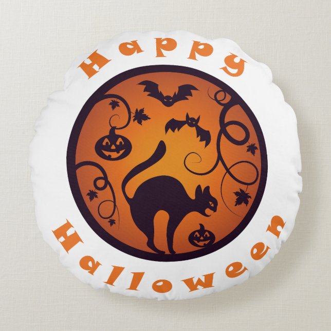 Happy Halloween lantern black cat spiders and bats Round Cushion (Front)
