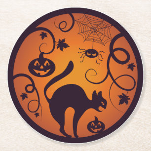 Happy Halloween lantern black cat spiders and bats Round Paper Coaster