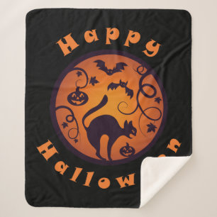 Happy Halloween lantern black cat spiders and bats Sherpa Blanket