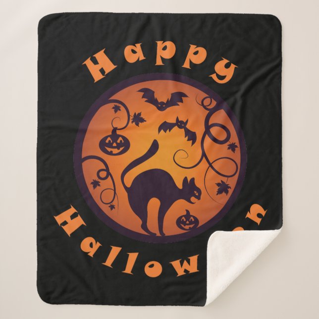 Happy Halloween lantern black cat spiders and bats Sherpa Blanket (Front)