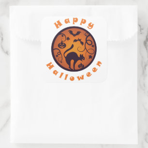 Happy Halloween lantern black cat spiders and bats Square Sticker