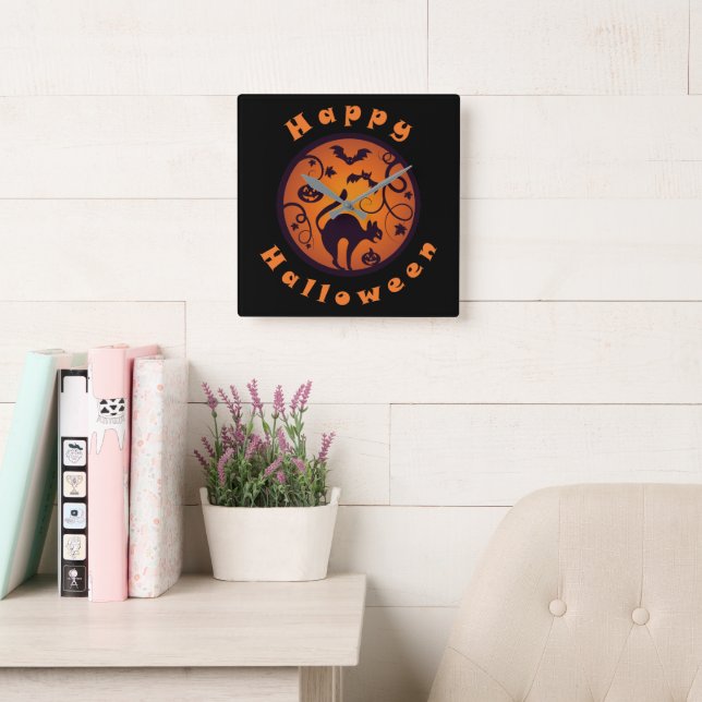 Happy Halloween lantern black cat spiders and bats Square Wall Clock (Reading Room)