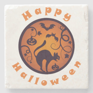 Happy Halloween lantern black cat spiders and bats Stone Coaster