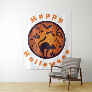 Happy Halloween lantern black cat spiders and bats Tapestry