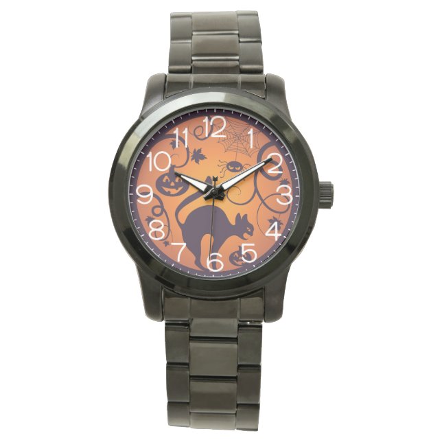 Happy Halloween lantern black cat spiders and bats Watch (Front)