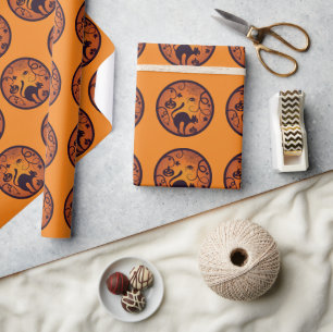 Happy Halloween lantern black cat spiders and bats Wrapping Paper