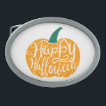 Happy Halloween lettering on carved pumpkin Belt Buckle<br><div class="desc">Stylised typography Happy Halloween carved on pumpkin drawing in flat style</div>