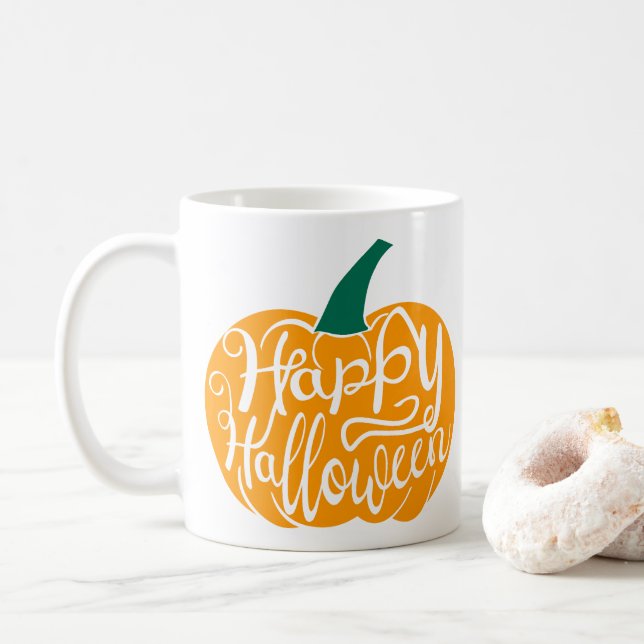 Happy Halloween lettering on carved pumpkin Coffee Mug (With Donut)