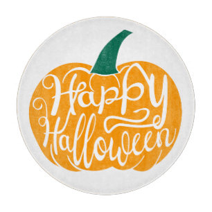 Happy Halloween lettering on carved pumpkin Cutting Board