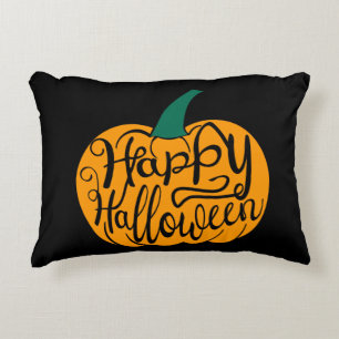 Happy Halloween lettering on carved pumpkin Decorative Cushion
