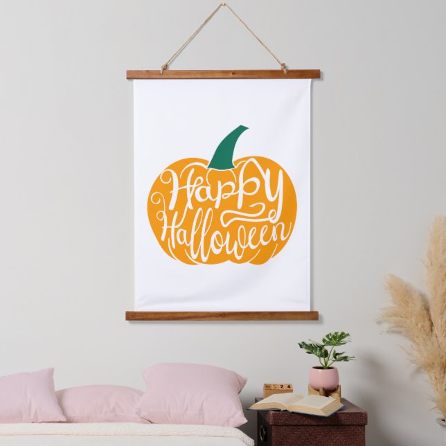 Happy Halloween lettering on carved pumpkin Hanging Tapestry (Bedroom)
