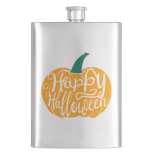 Happy Halloween lettering on carved pumpkin Hip Flask