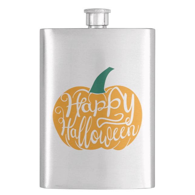 Happy Halloween lettering on carved pumpkin Hip Flask (Front)