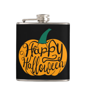 Happy Halloween lettering on carved pumpkin Hip Flask