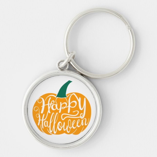 Happy Halloween lettering on carved pumpkin Key Ring (Front)