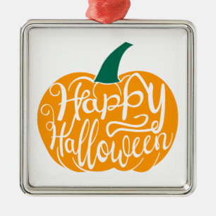 Happy Halloween lettering on carved pumpkin Metal Ornament