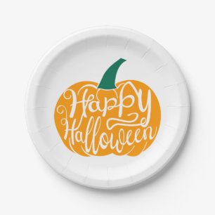 Happy Halloween lettering on carved pumpkin Paper Plate