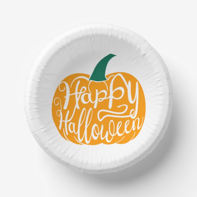 Happy Halloween lettering on carved pumpkin Paper Plate (Front)