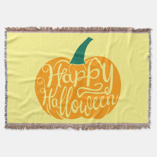 Happy Halloween lettering on carved pumpkin Throw Blanket
