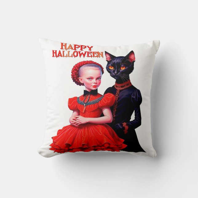Happy Halloween Little Witch And Her Black Cat Cushion (Front)