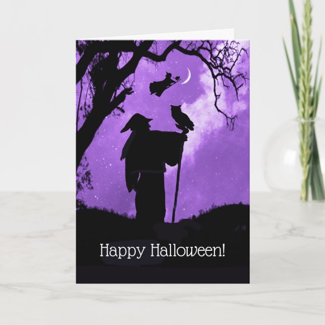 Happy Halloween Magic Owl Witches Cat Warlock Card (Front)
