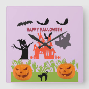 Happy Halloween Menancing Tree Bark, Bats Square Wall Clock