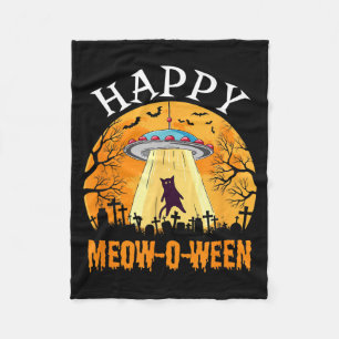 Happy Halloween Meowoween Funny Black Cat Flying Fleece Blanket