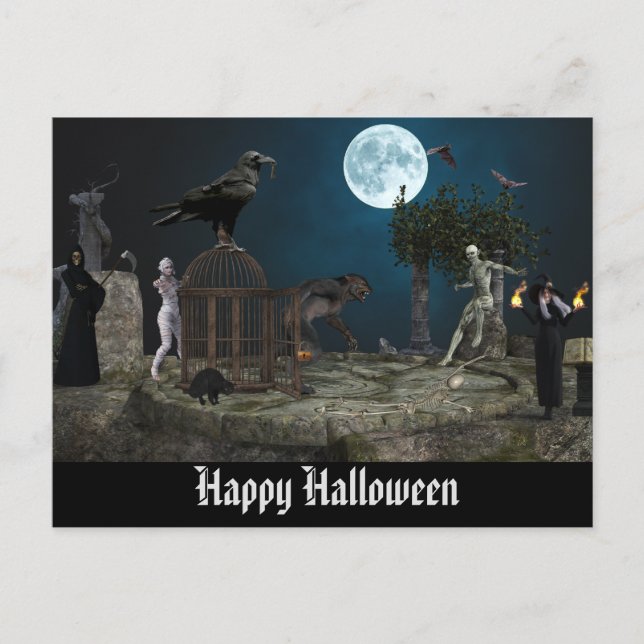 Happy Halloween Monster Scene Werewolf Zombie Postcard (Front)