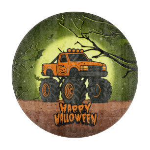 Happy Halloween Monster Truck with bats and moon Cutting Board
