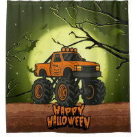 Happy Halloween Monster Truck with bats and moon