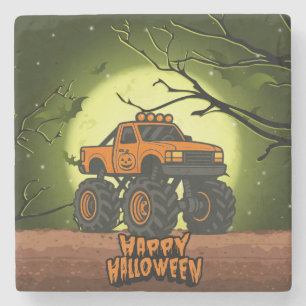 Happy Halloween Monster Truck with bats and moon Stone Coaster