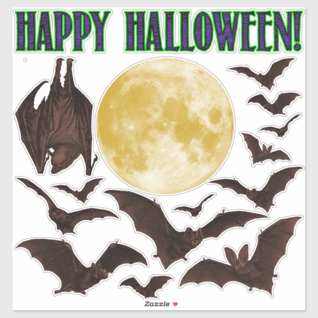Happy Halloween Moon & Bats Vinyl Stickers (Sheet)