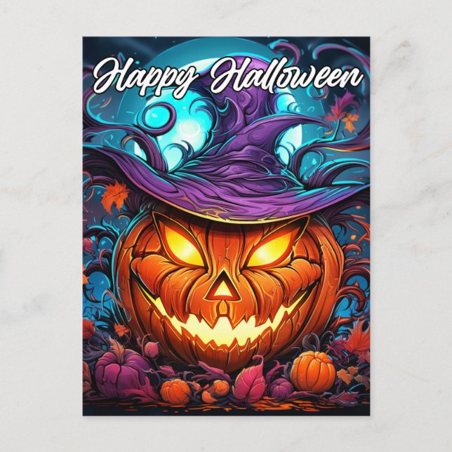 Happy Halloween Nefarious Pumpkin Illustration Postcard (Front)