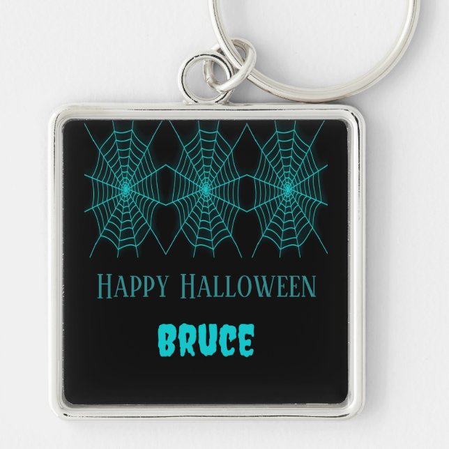 Happy Halloween neon blue spiderweb black Key Ring (Front)