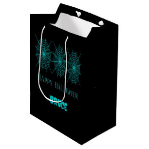 Happy Halloween neon blue spiderweb black Medium Gift Bag