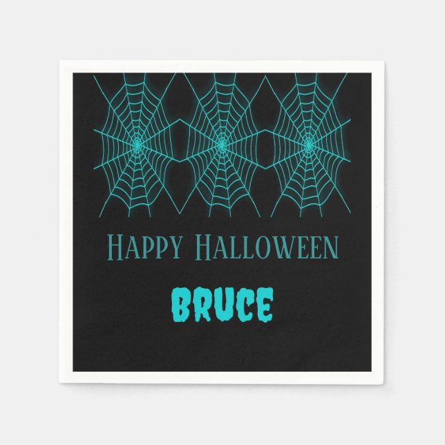 Happy Halloween neon blue spiderweb black Napkin (Front)