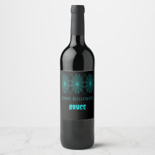 Happy Halloween neon blue spiderweb black Wine Label