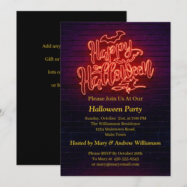 Happy Halloween Neon Glow Look Witch Brick Party Invitation (Front/Back)